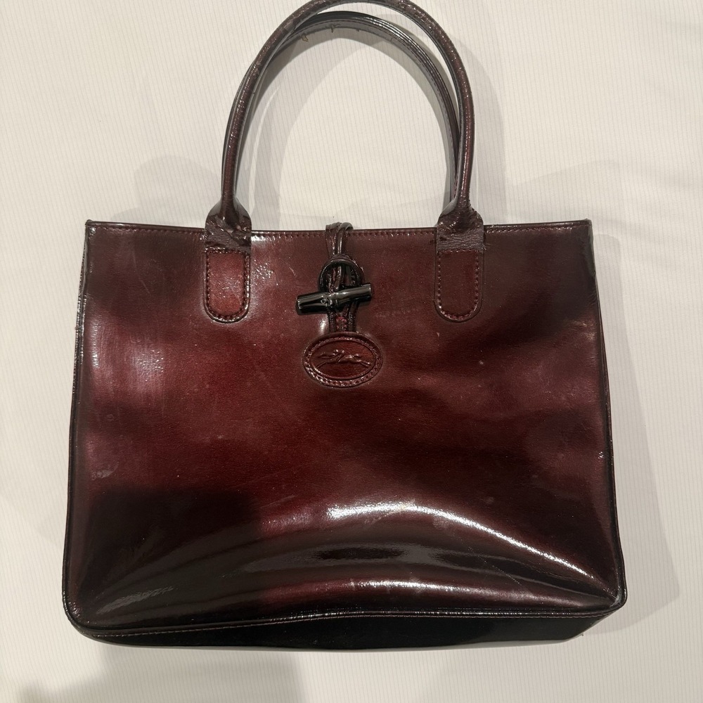 Authentic Longchamp Roseau Burgundy Patent Leather Medium Tote Bag Bamboo Clasp